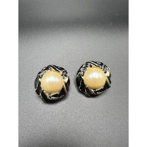 Vintage Faux Pearl Clip On Earrings Gold Black Statement Elegant Donald Stannard